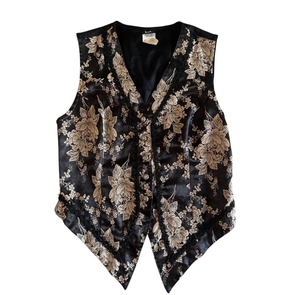 American vintage Judy Knapp Black Floral Tapestry Vest M Asym Hem Lace Trim - Picture 2 of 8